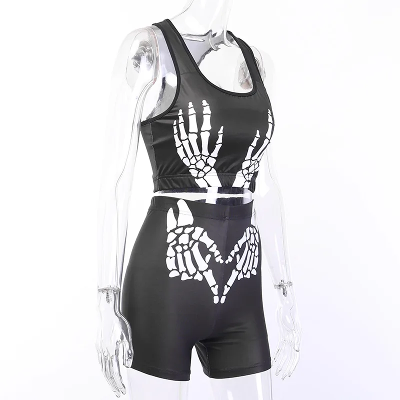 Halloween Two Piece Set Womens Gothic Clothes Outfits Sleeveless Cropped Tops+ High Waist Shorts Crossbones Printed Clothes Set