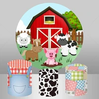 cartoon animals farm theme circle round backdrop cover red barn warehouse pig cow background kids 1st birthday cake table decor