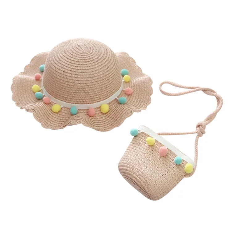 

Fashion Summer Baby Hat with Bag for Girl Pompom Straw Princess Kids Bucket Hat Travel Beach Big Brim Baby Cap Girls Sun Hats