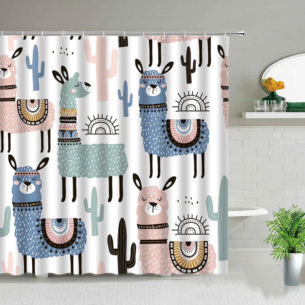 

Шторы для душа с принтом альпака, водонепроницаемые тканевые занавески с мультяшным животным, модные с крючком для ванной комнаты, домашний...