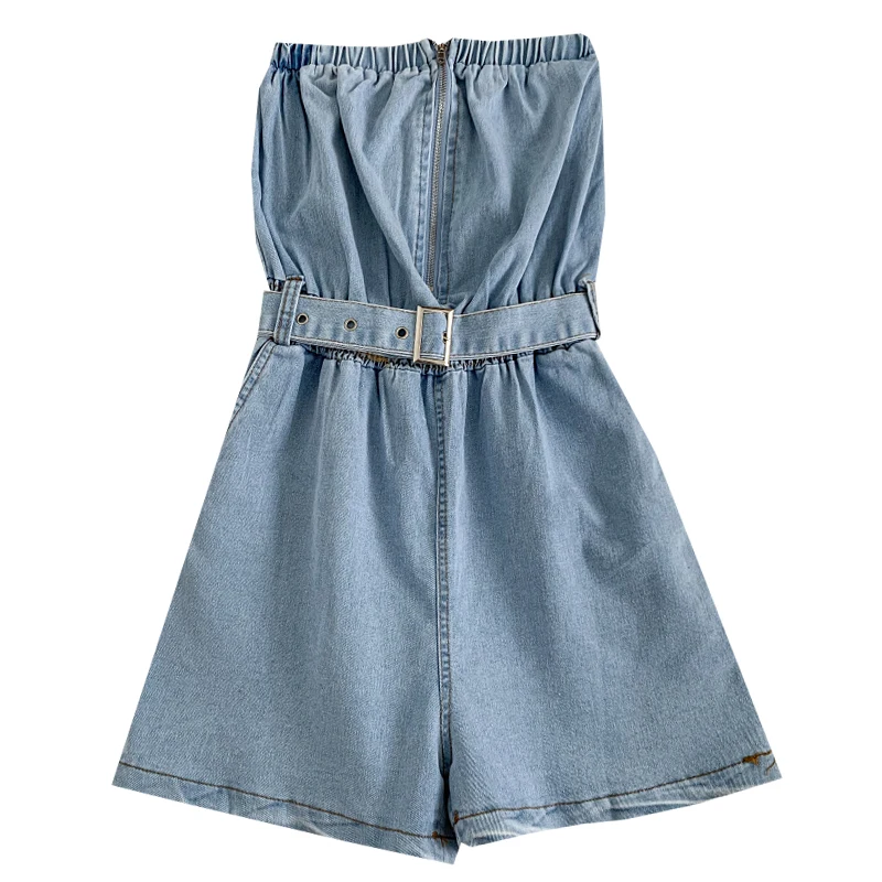 

Korean slash neck sleeveless off shoulder Rompers high waist lace up casual Wide Leg Denim strapless Rompers 2021 New Summer