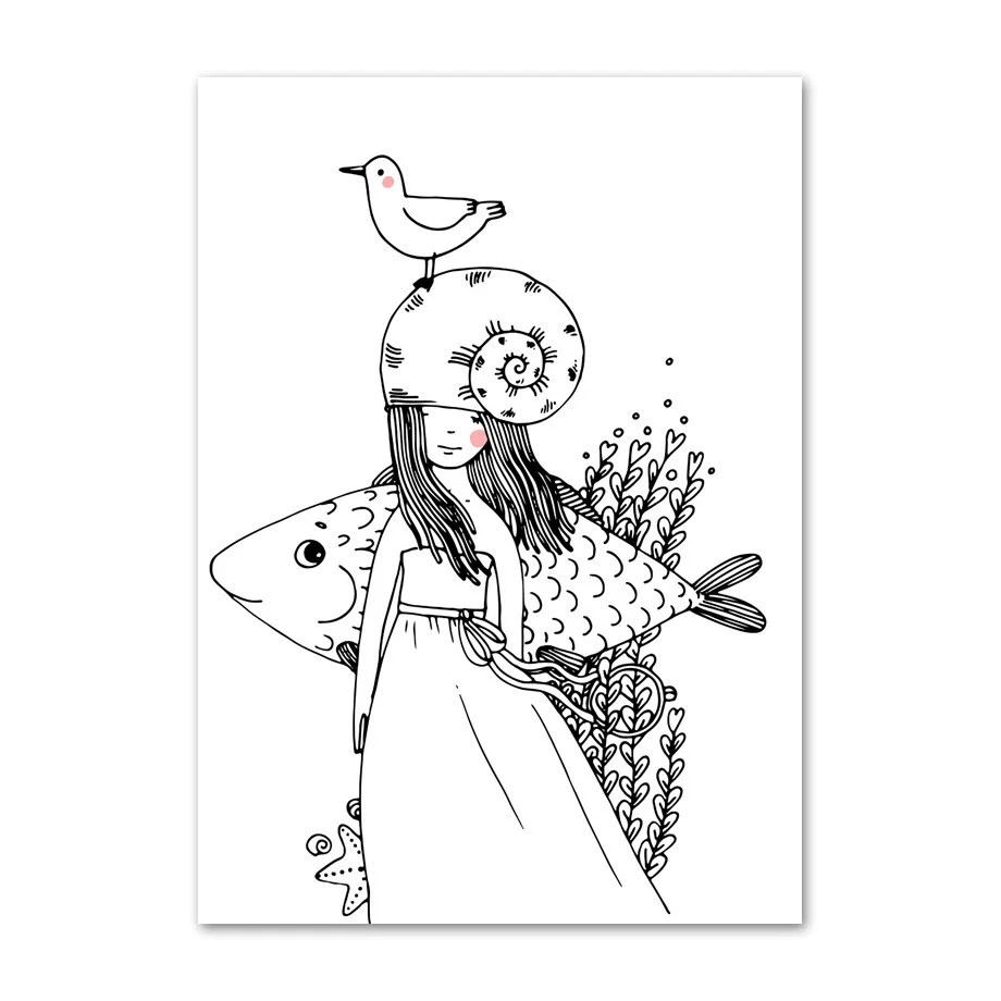 Настенная Картина на холсте с изображением рыбы раковины девушки мультяшная