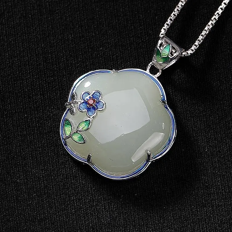 

Retro Style S925 Sterling Silver Classical Hetian Jade White Jade Plum Blossom Small Exquisite Jade Pendant Coat Chain Pendant
