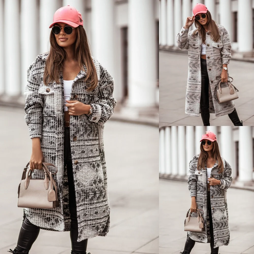 

2021 autumn and winter popular long-sleeved V-neck single-breasted vintage printed wool coat women's fashion long woolen coat