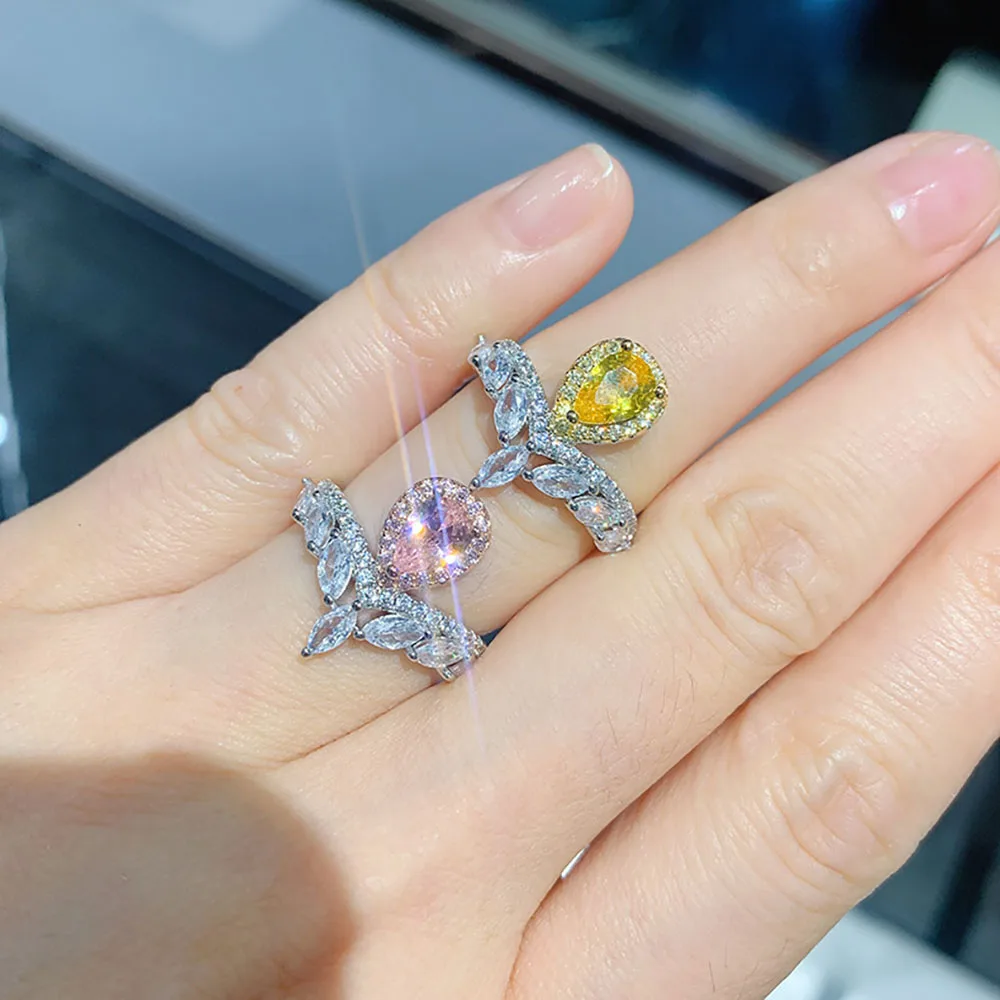 

KNRIQUEN Vintage Water Drop Pink Quartz Citrine Gemstone Lab Diamonds Rings for Women Wedding Jewelry Gift Accessories Wholesale