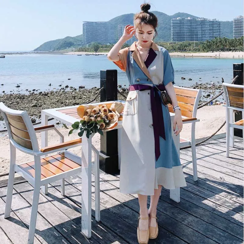

French Ladies Fashion Color Block Dresses Elegant Korean One-Piece Party Holiday Dress 2021 New Summer Women Chiffon Shirt Dress