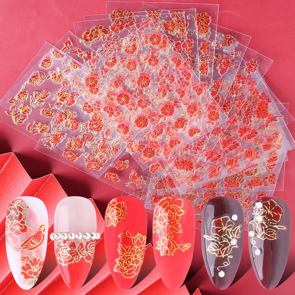 

24pcs New year's Nail Sticker red Chinese Style Rose peony 3D self-adhesive Nail Sticker flower DIY