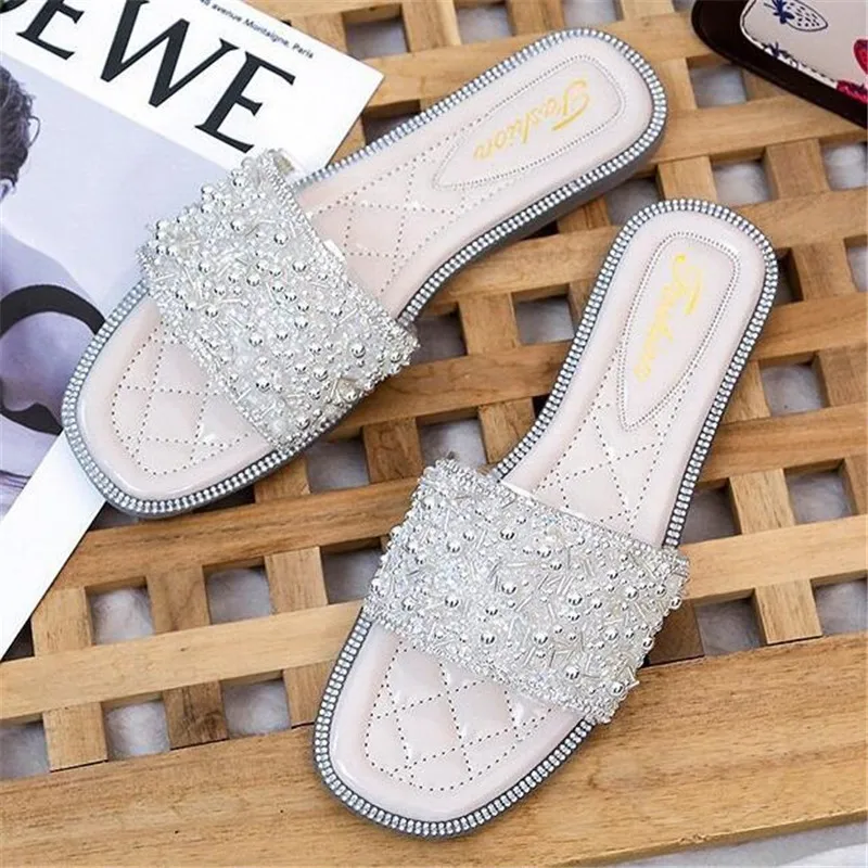 

Шлепанцы женские на плоской подошве, летние сандалии со стразами, Повседневная модная обувь на платформе, сланцы, большие размеры