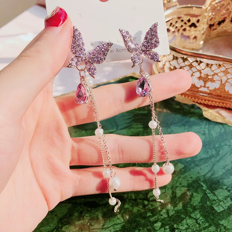 Женские серьги-подвески MENGJIQIAO корейские блестящие висячие серьги с бабочками и