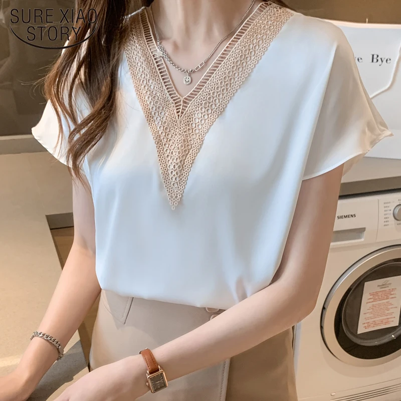 

2021 Casual Chiffon Blouse White Summer Women Shirts Office Lady V Neck Solid Color Fashion Women's Clothing Blusas Mujer 15200