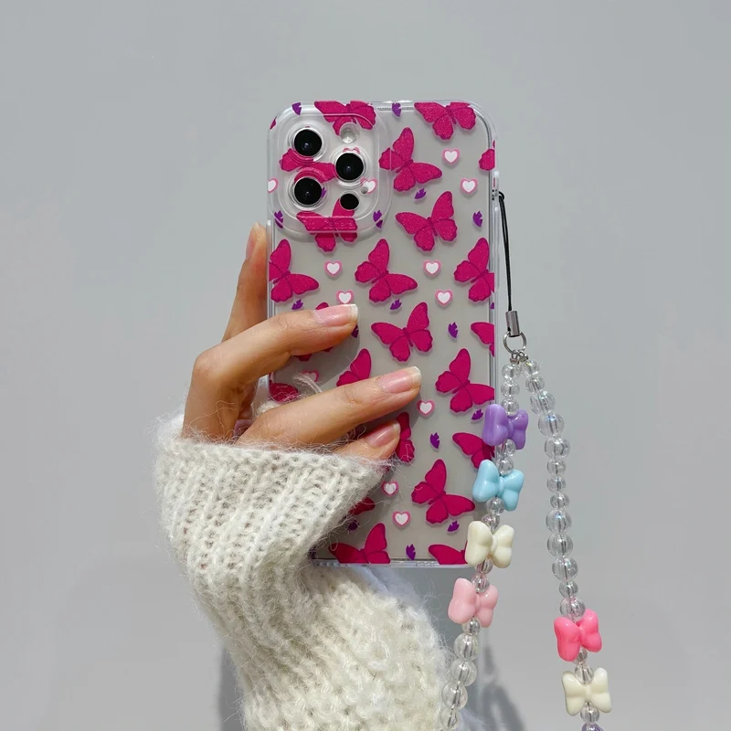 

ins crystal beads butterfly wristlet strap case For iphone 11 11Pro 12 Pro Max X XR Xs max XR 7 8Plus SE2020 Clear TPU cover