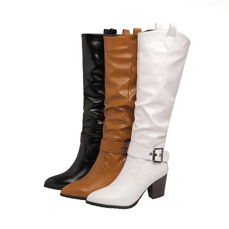 

Winter 2021 Fashion Womens Shoes High Heel Boots Black White Brown Mid Calf Buckle Long Western Cowboy Boots for Women Shoes 43