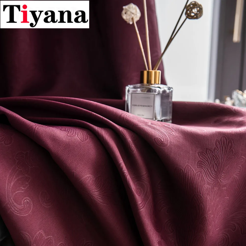 

Wine Red insulation Living Room Blackout Solid Color Jacquard Leaves design Balcony bedroom Curtains Drapes JK053Z