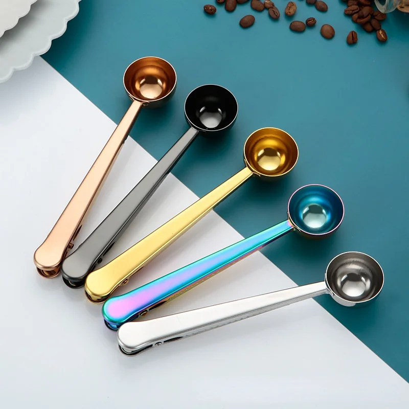 

2in1 Coffee Spoon Sealing Clip Stainless Steel Espresso Coffee Beans Coffee Powder Spoon with Clip Cafe Accessories Kitchen Tool