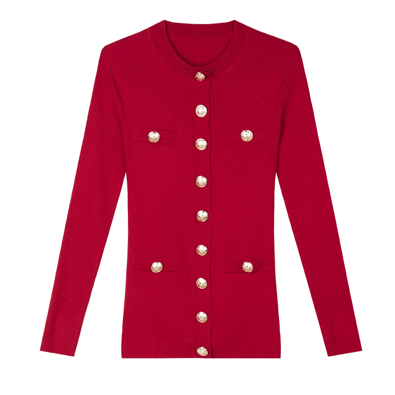 11.1 Wool + Tencel Hollow out stripe Single breasted decoration slim knitted cardigan |