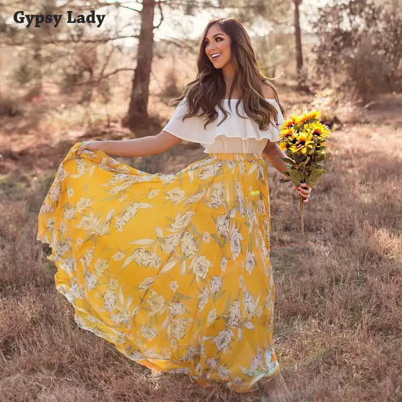 Юбки GypsyLady с цветочным принтом лилии женская желтая Длинная летняя юбка