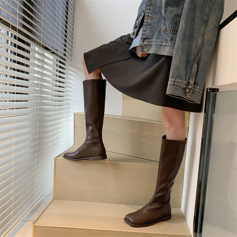 

Women's Knee High Boots Square Toe Zipper-Sid Low Heel Solid Color Women Boots Winter And Plush In Warmest Platform Female Shoes
