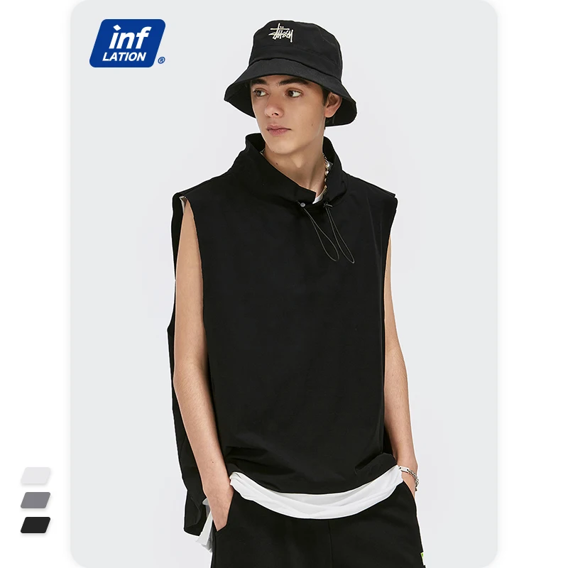 

INFLATION Harajuku Sleeveless Vest Men Japanese Streetwear 2021 Summer Stand Collar Solid Color Hip Hop Tank Tops Men1588S21