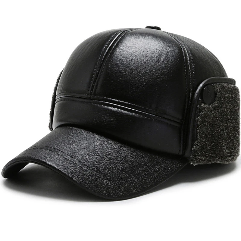 Шапка для взрослых из искусственной кожи Мужская теплая Бейсболка мужская