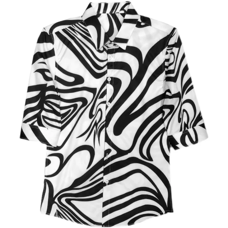 

High Quality Spring Summer Half Sleeve Print Shirts For Men Clothing 2021 Simple Slim Fit Casual Night Club Tuxedo Dress 3XL-M