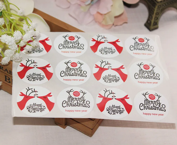 Счастливого Рождества Снежинка Лось печать стикер значок Стикеры из крафтовой