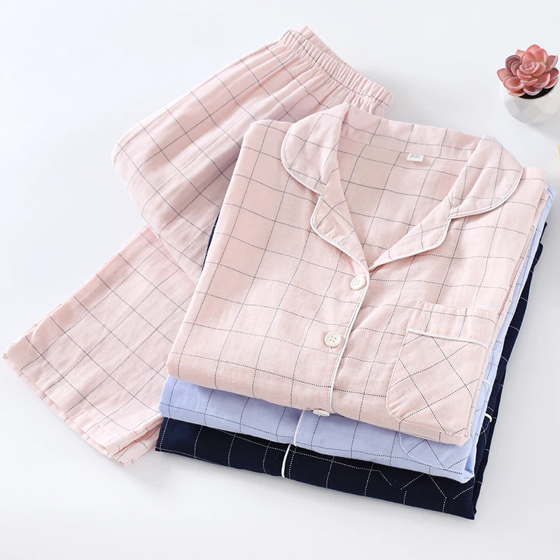

Women Men Cotton Plaid Pajama Sets Couple Long Sleeve Lounge Wear 2022 Spring Summer Gauze Breathable Homewear Female Nightwear