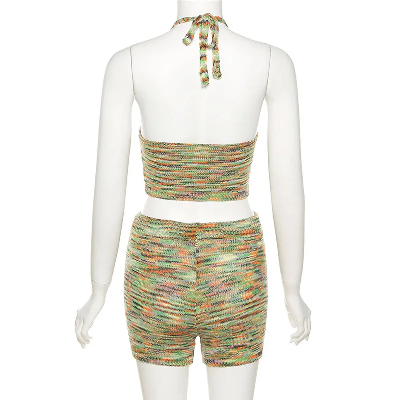 

Shorts Sets Sexy Hollow Tank Top High Waist Shorts Two Piece Set Women Sleeveless Knit Vest Sports Suit PackHip Tight Shorts Set