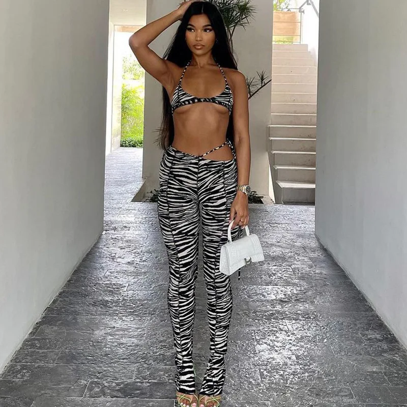 

Pants Set for Lady Zebra Striped 2 Piece Sets Lace Bikini Top Fashion High Waist Pant Suits Sexy Summer Woman's Outfits Clubwear