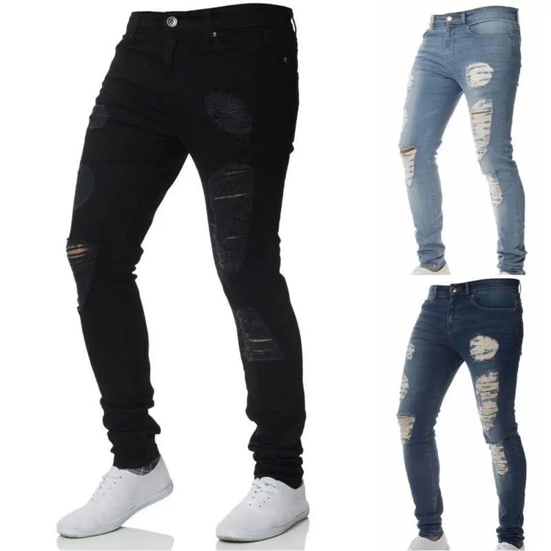 

Mens Ripped Frayed Stretchy Skinny Jeans Pants Slim Fit Bottoms Denim Trousers