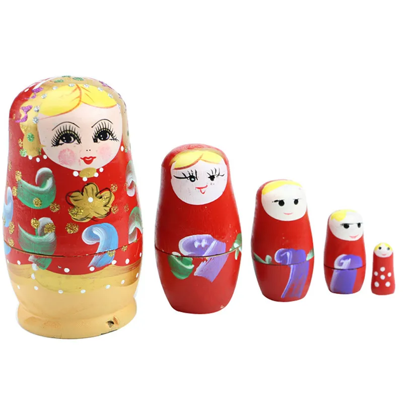 

Set Of 5 Pcs Dolls Wooden Russian Nesting Babushka Matryoshka Hand Painted Gift