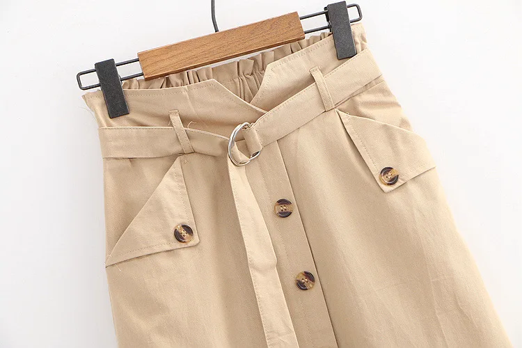 

PEONFLY Summer Autumn Skirts Womens Midi Knee Length Korean Elegant Button High Waist Skirt Female Pleated School Skirt