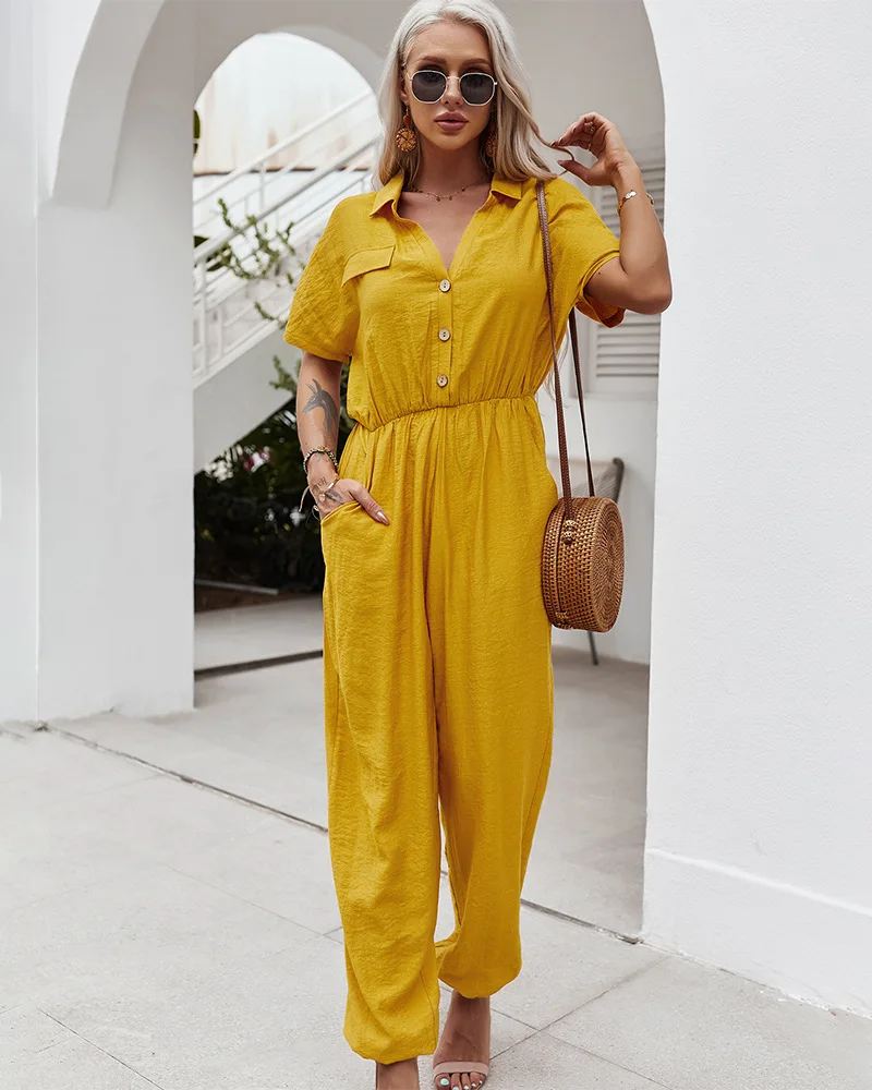 2021 Woman Bohemian Jumpsuits Sexy V Neck Streetwear Blue Yellow Solid Colors Short Sleeve Jumpsuits Plus Size Clothes Aesthetic