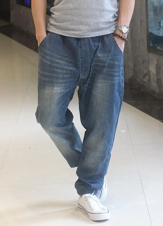 Jeans Street Hip-Hop Pants Men's Buckled Harem Jeans Loose Jeans Elastic Waist Skateboard Pants