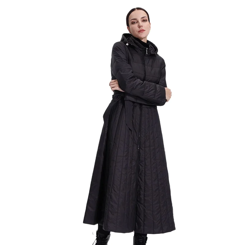 Women Cotton Jacket Windproof Parka Thin Long Dress Coat Lady Parka Quilted Plus Office Lady Smooth Quality Clothes  19-208