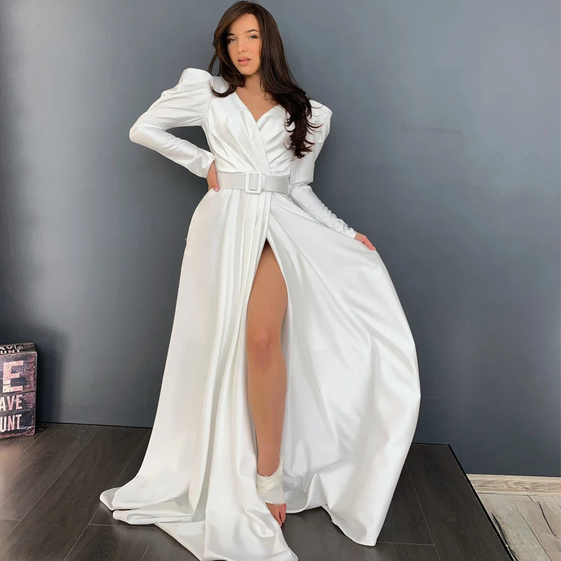 Привлекательные свадебные платья 2022, женское платье А-силуэта с высоким разрезом и длинным рукавом, свадебные вечерние платья в пол