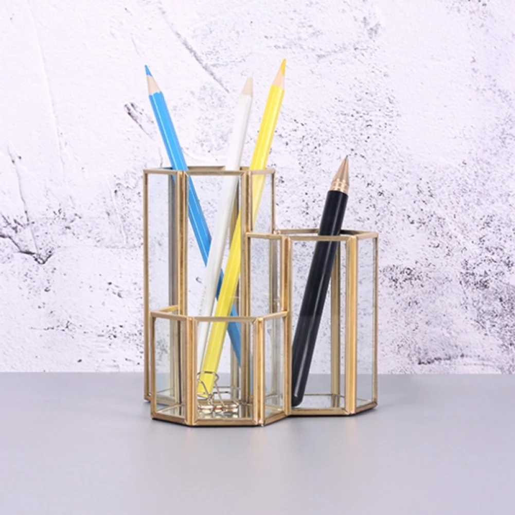 

Desktop Makeup Organizer Glass Copper Hexagon Composite Pen Holder Multifunction Makeup Brush Glass Box Office Accessories