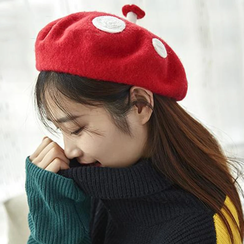 

Women Kids Novelty Cute Small Mushroom Red Beret Cap Handmade Faux Felt Wool White Point Vintage French Artist Painter Hat