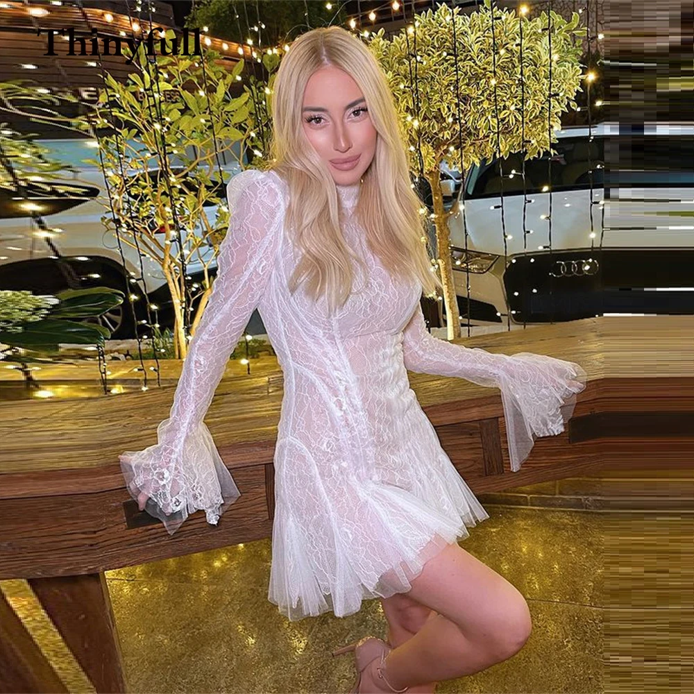 

Элегантное кружевное свадебное платье принцессы с длинным рукавом, короткое платье с высоким воротом, новое вечернее женское мини-платье н...