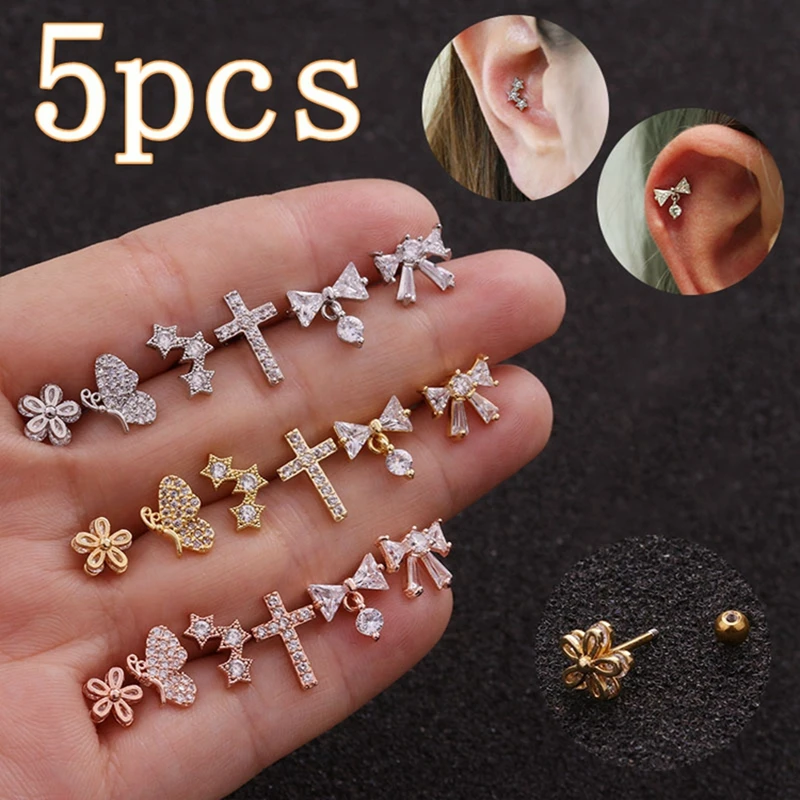 

5pcs Gold Ear Rings Helix Cartilage Conch Tragus Labret Septum Cross Bow Flower Earrings Studs Piercing Set Body Jewelry H6