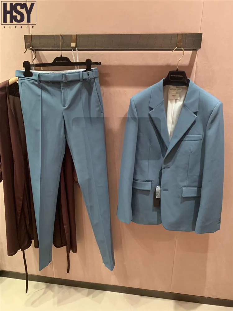【HSY】 осенние новые женские костюмы высокого качества манжеты разрезы на заказ ремень камвольная ткань синий Повседневный Блейзер комплект Портной брюки костюм