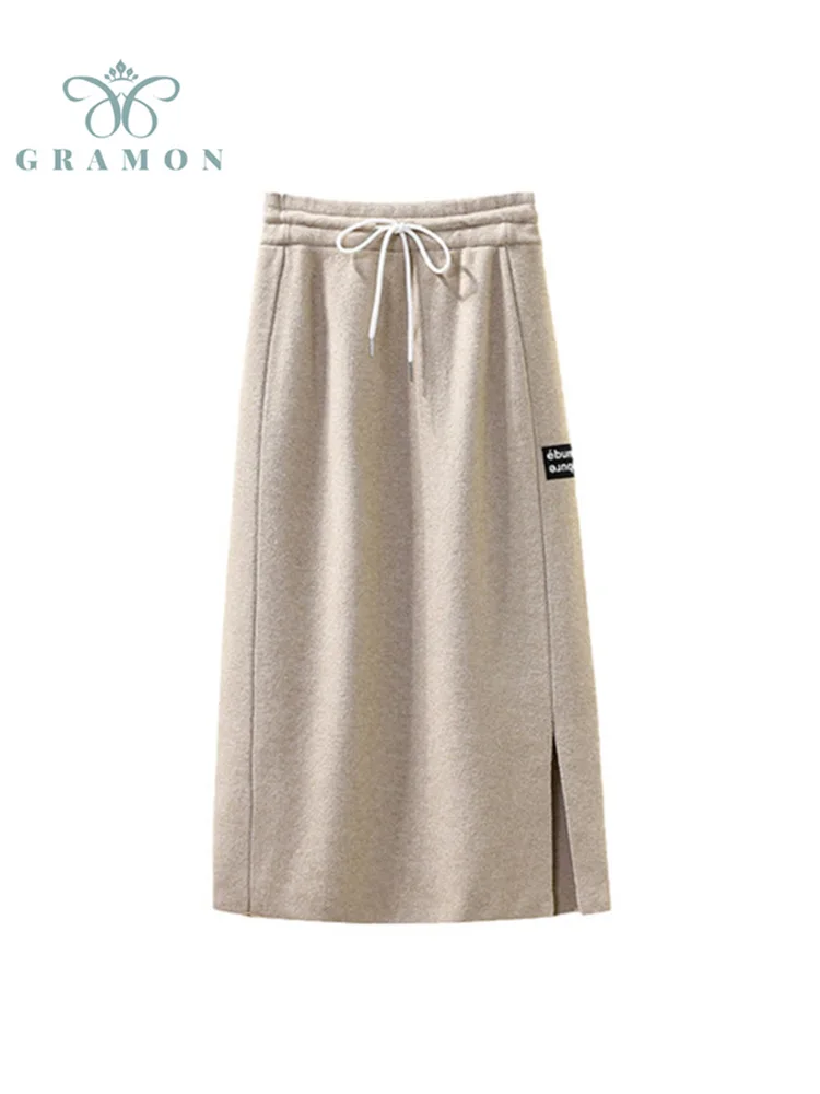 

Women Skirts Fashion Plus Size 2021 Autumn Elastic High Waist Long Jupes Mujer New Lace Up Korean Casual Knit Midi A Line Skirt