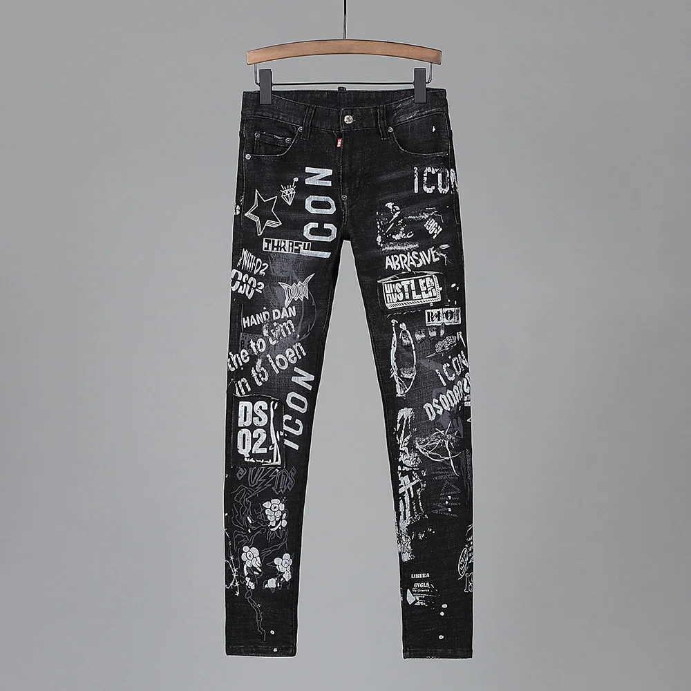

2021 брендовые черные мужские джинсы стрейч мужские джинсовые брюки пэчворк тонкие черные джинсы с надписью мужские брюки-карандаш D2