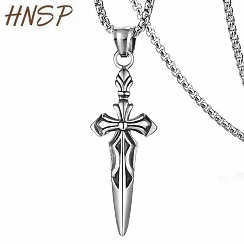 

HNSP Punk Sword Cross Pendant Chain Necklace For Men Male Jewelry
