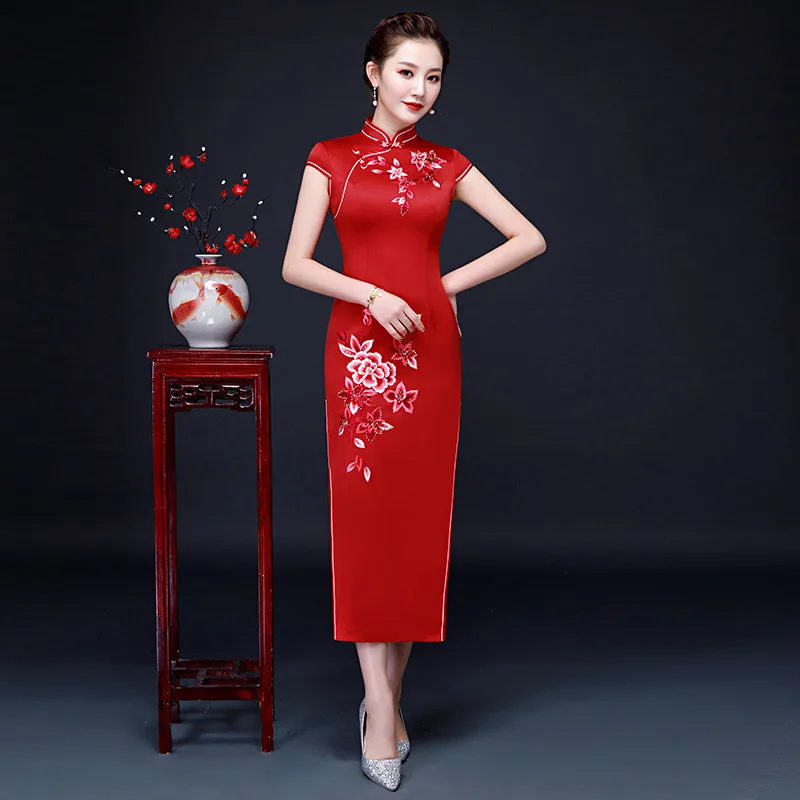 

Размер плюс китайский красный Qipao женские свадебные вечерние Cheongsam женское сексуальное длинное платье Весна Лето Одежда с коротким рукавом