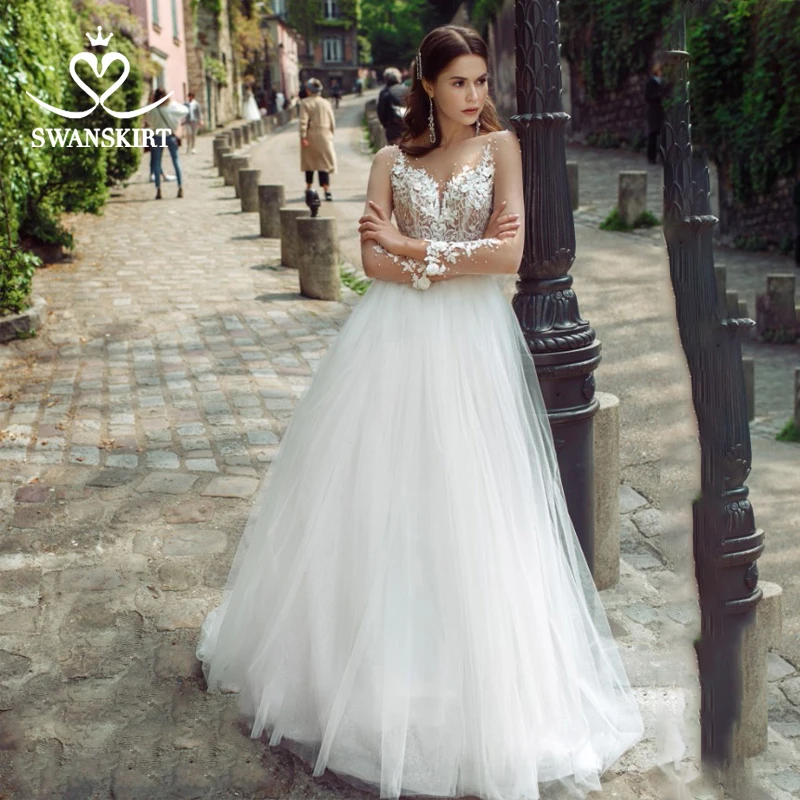 Свадебное платье Милая Аппликация А силуэта с длинным рукавом Цветы Vestido de novia 2020