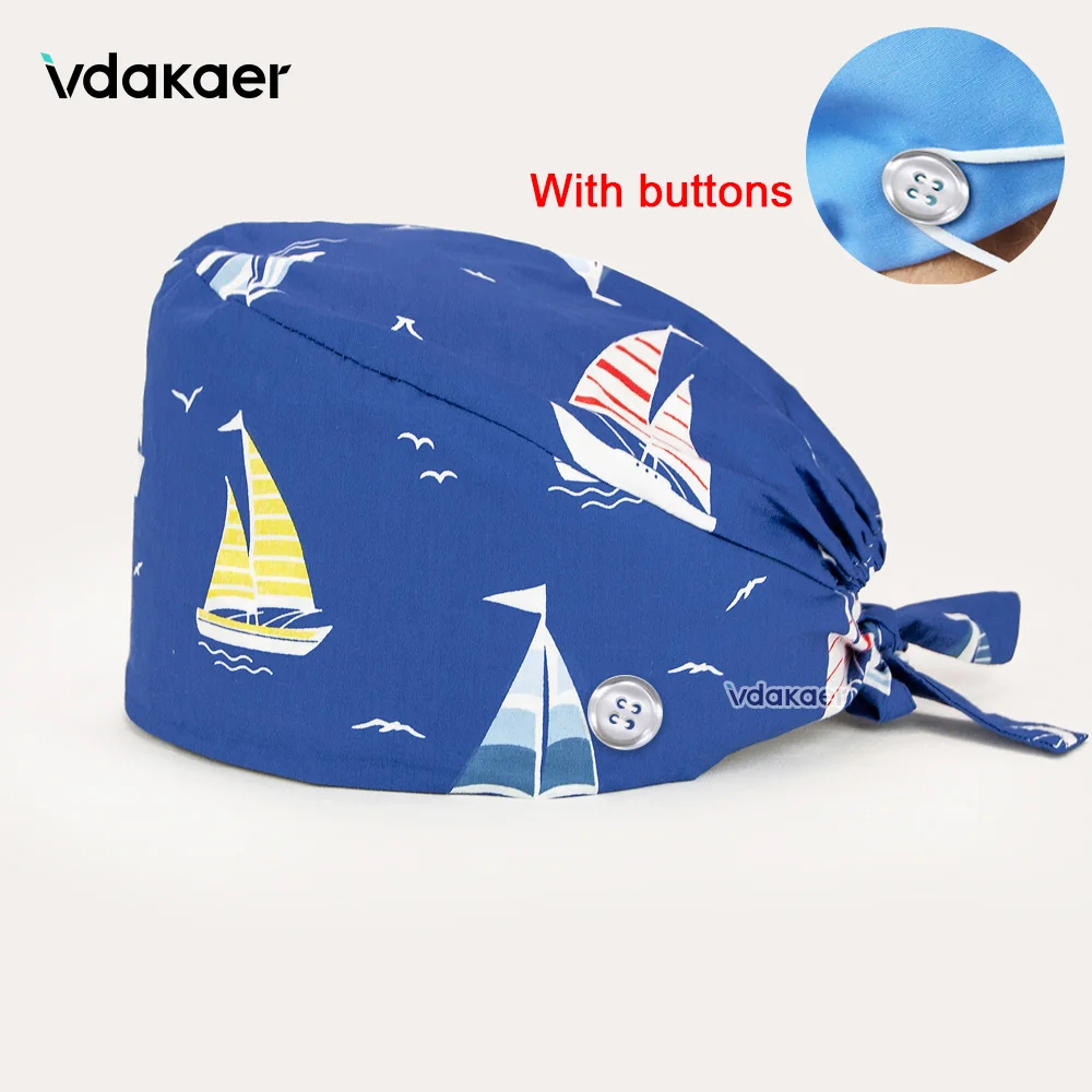 

Health service Scrub Cap lab Working Hat 100% Cotton Women Men Beautician Dust Proof Caps with Button scrub cap long hair