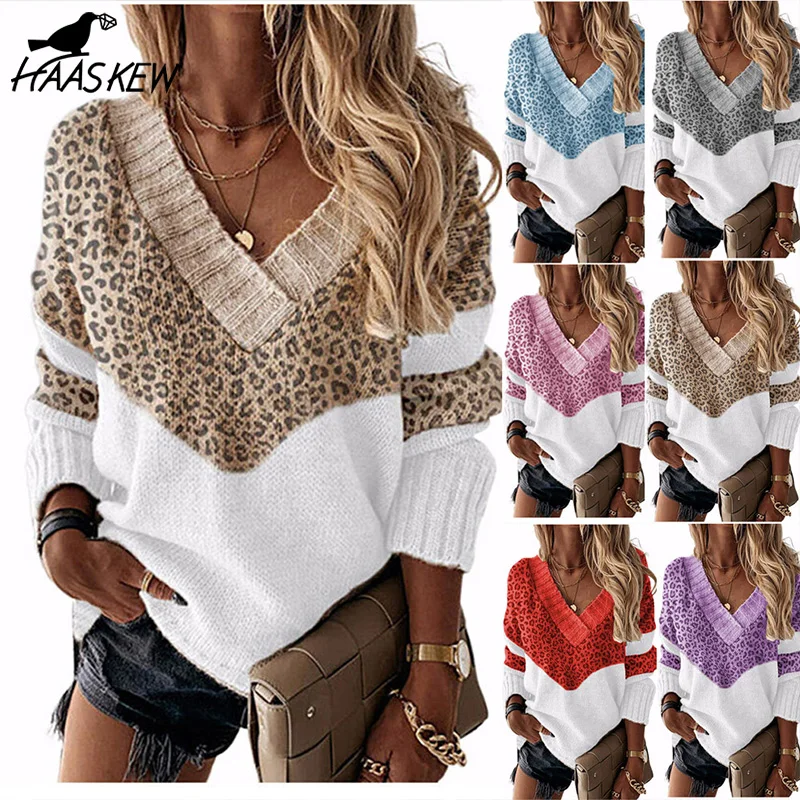 

HAASKEW Women Elegant Patchwork Print Knit Sweater Autumn Sexy V-Neck Long Sleeve Pullover Tops Winter Casual Loose Jumper