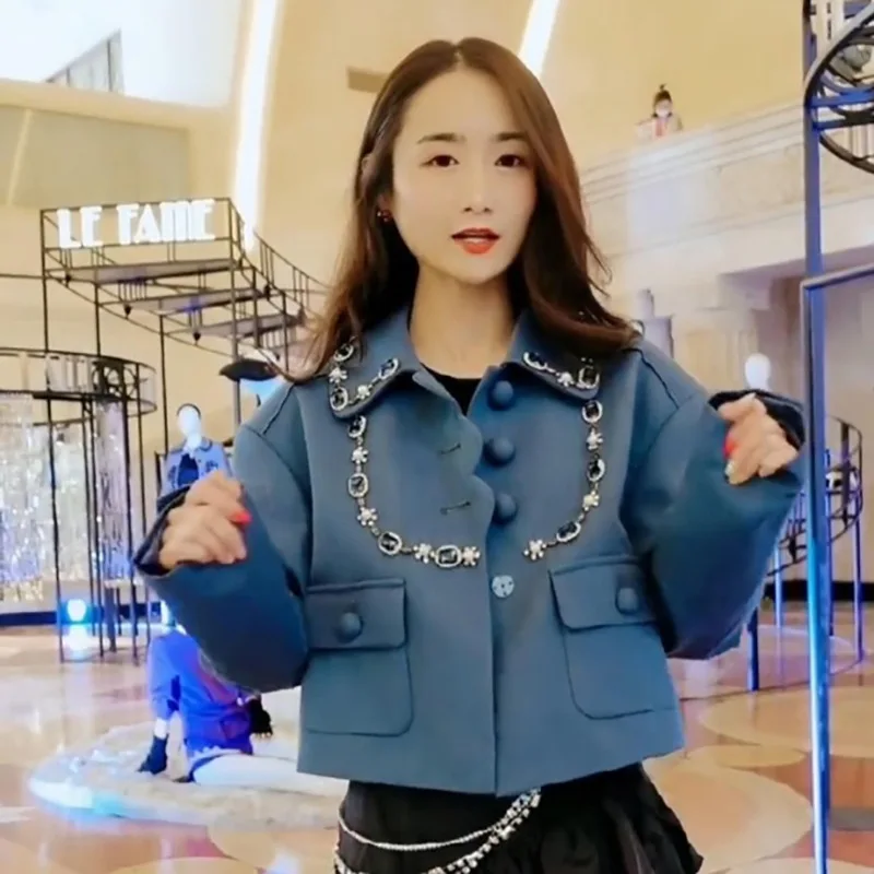 

Run Way Cropped Blazer Jacket for Women Crystal Beaed High Waist Coats 2021 Early Autumn Ladies Outwear Elegant Cropped Jacket