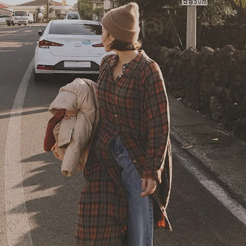 LANMREM New Plaid long sleeve shirt women over the knee loose korean fashion new spring summer sunscreen clothing YJ208 |