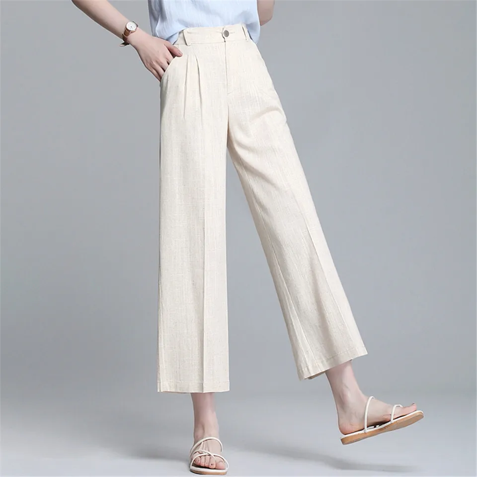 

Summer Cotton linen Wide Leg Pants Women Casual Loose Thin Straight Solid Pants Casual Calf-Length Pants Trousers Mujer